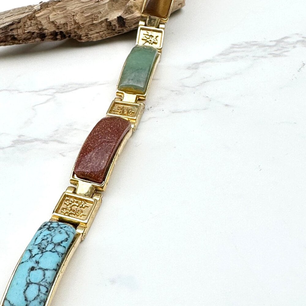 Chinese Style Magnetic Goodluck Bracelet 7" Long With Multicolor Gemstone Inlays - Picture 3 of 7